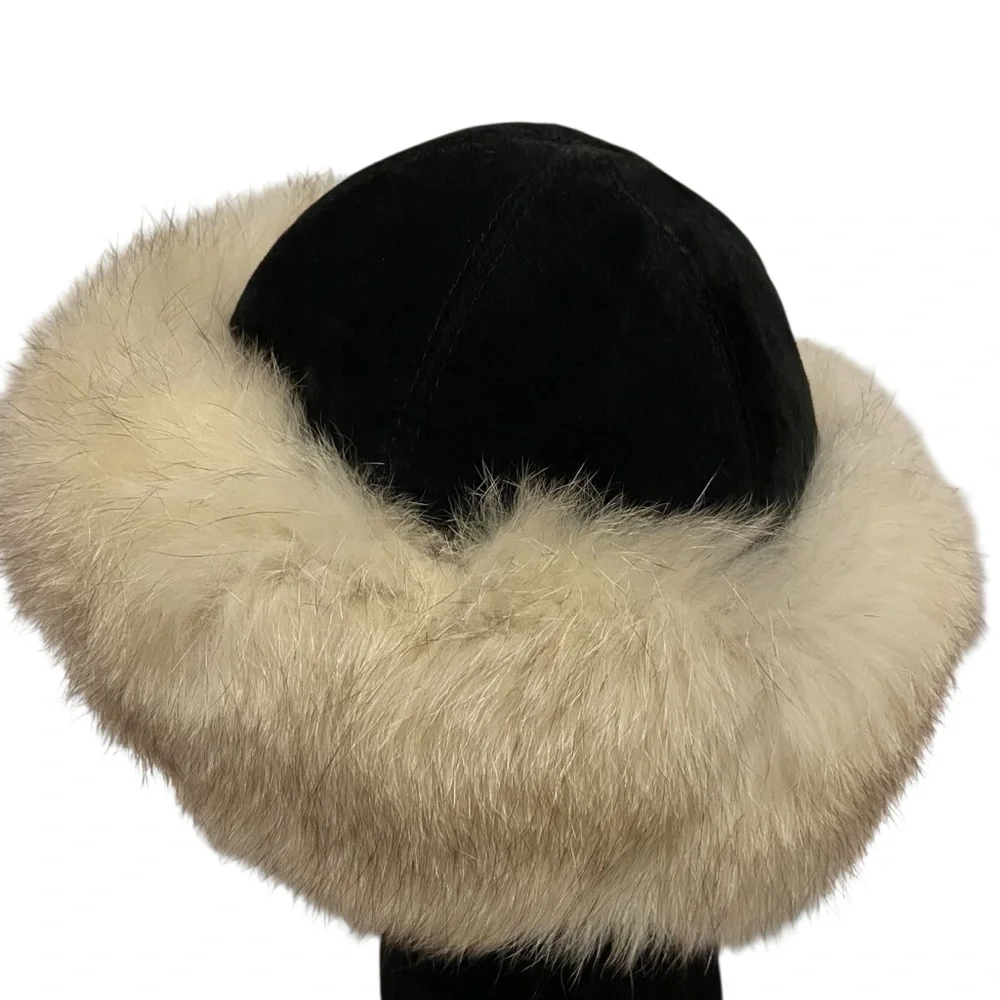 Fourrures Audet Hat One Size Adult Adjustable Fur Trim Suede Leather Black
